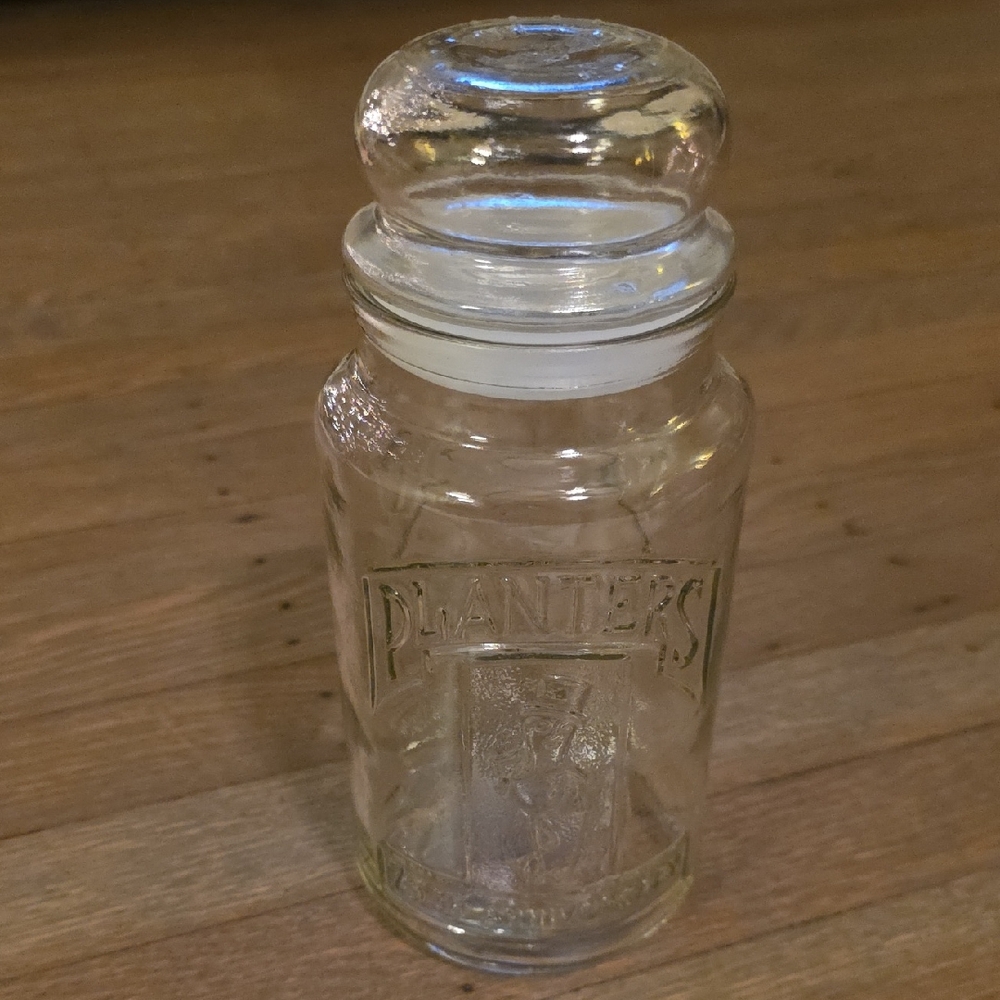 Planters / Mr. Peanut 75th Anniversary Clear Glass Storage Jar with Lid- Vintage